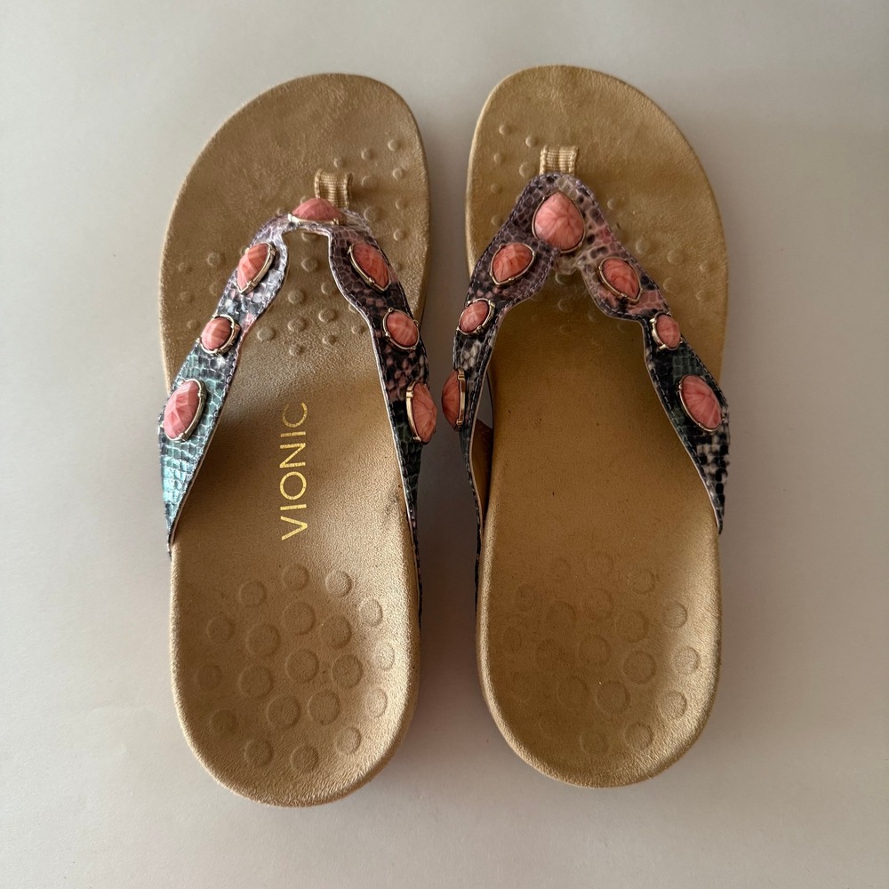 Vionic Orthotic‎ Sandals Pink Gem Snake Print Thong Comfort Size 8 Beach Summer